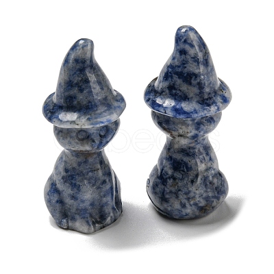 Natural Blue Spot Jasper Carved Healing Cat with Witch Hat Figurines DJEW-D012-07D-1