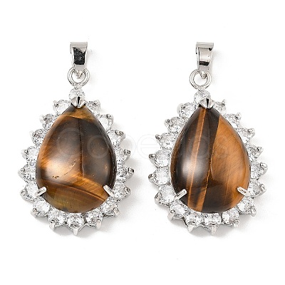 Natural Tiger Eye & Rhinestone Pendants G-K338-31P-09-1