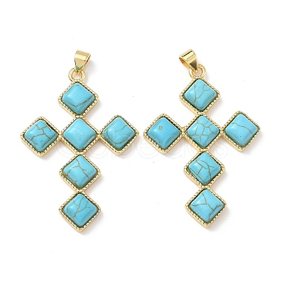 Dyed Synthetic Turquoise Rhombus Cross Pendants KK-P330-10G-1