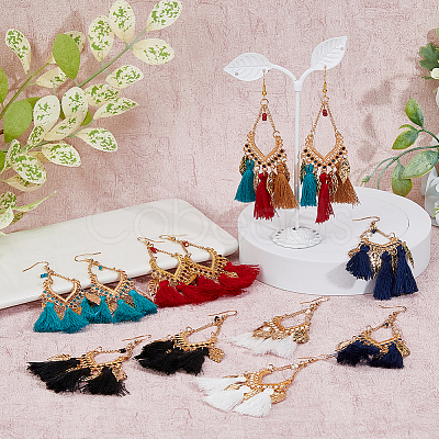 6 Pairs 6 Colors Leaf & Cotton Tassel Chandelier Earrings EJEW-FI0003-14-1