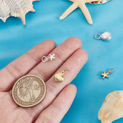 4Pcs 4 Styles 925 Sterling Silver Starfish and Shell Shaped Charms with Jump Rings STER-GA0001-26-1