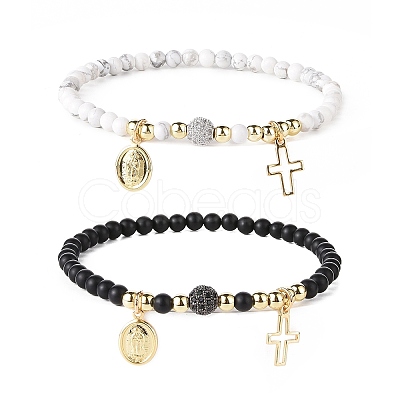 Natural Howlite & Dyed & Heated Black Agate Beaded Bracelets Sets BJEW-JB09045-1