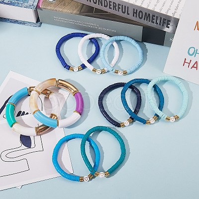 10Pcs 10 Style Handmade Polymer Clay Heishi Beaded Stretch Bracelets Set with Heart BJEW-SW00036-03-1