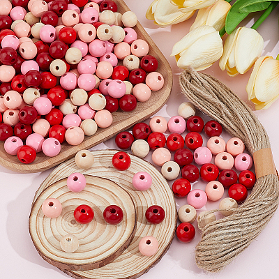 250Pcs 5  Colors Spray Painted Round Natural Schima Wood Beads WOOD-PA0001-73A-1