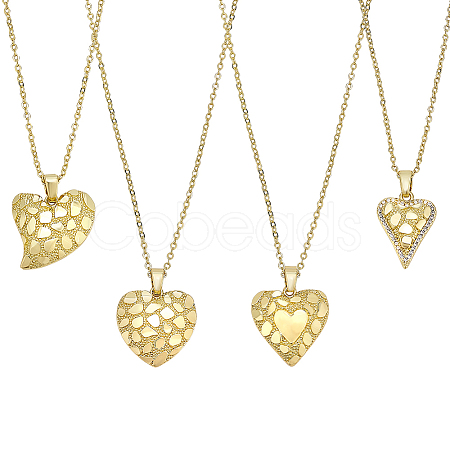 4Pcs 4 Styles Valentine's Day Brass Textured Heart Pendant Cable Chain Necklaces for Women NJEW-PH0001-53-1