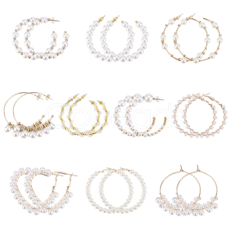 ANATTASOUL 10 Pairs 10 Style Plastic & Resin Imitation Pearl Beaded Hoop Earrings Set EJEW-AN0003-45-1