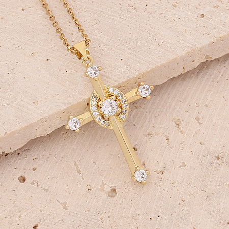 Brass Micro Pave Cubic Zirconia Cross Pendant Necklaces FS-WG7675B-04-1