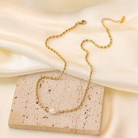304 Stainless Steel & Natural Freshwater Pearl Potato Link Chain Necklaces for Women FS-WG4D4E4-01-1