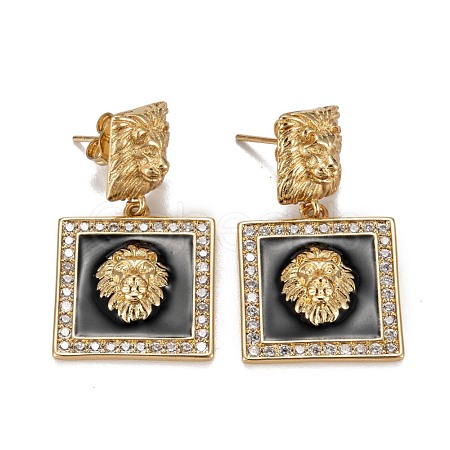 Square with Lion Sparkling Cubic Zirconia Dangle Stud Earrings for Girl Women EJEW-H126-03G-1