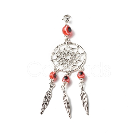 Tibetan Style Alloy Flat Round Net/Web & Feather Pendants HJEW-JM00543-02-1