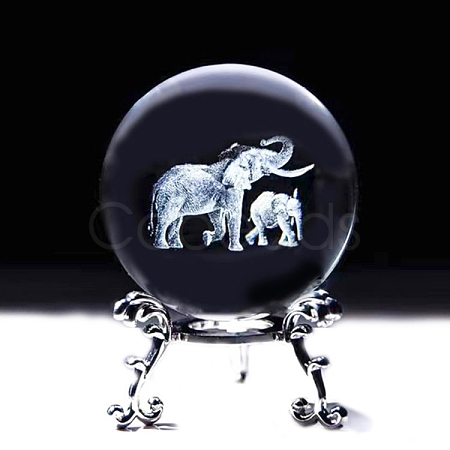 Glass 3D Laser Engraved Elephant Crystal Ball with Metal Stand ELEP-PW0001-68A-1