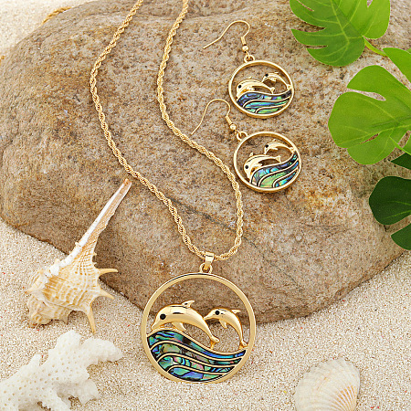Alloy & Natural Abalone/Paua Shell Pendant Necklaces & Dangle Earrings Sets WGD5CF5-09-1