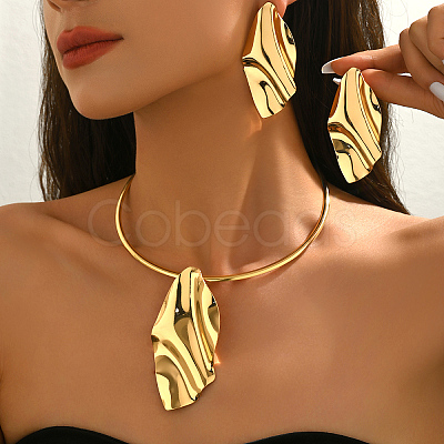 Iron Leaf Pendant Choker & Stud Earring Sets for Women HA2719-1