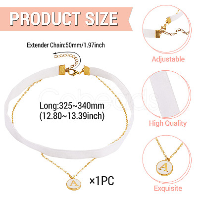 Alloy White Enamel Flat Round with Letter A Pendant Single Face Velvet Ribbon & 304 Stainless Steel Chain Double Layered Necklaces for Women NJEW-TAC0040-1