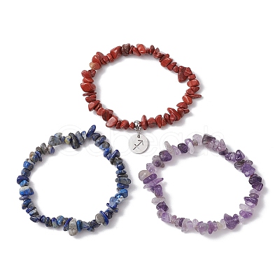 3Pcs 3 Styles Natural Amethyst & Lapis Lazuli &  Red Jasper Chips Stretch Bracelets Sets BJEW-JB11076-11-1