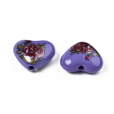 Flower Printed Opaque Acrylic Heart Beads SACR-S305-28-M03-1