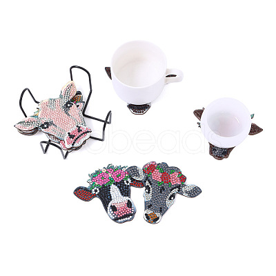 DIY 8Pcs Cow Coasters Diamond Art Painting Kit with Holder PW-WGDE775-01-1