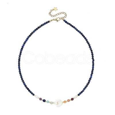 Natural Pearl & Star Moon White Shell & Faceted Round Natural Lapis Lazuli Beaded Necklaces for Women NJEW-JN06089-1