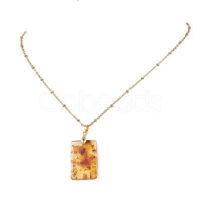Natural Amber Rectangle Pendant 304 Stainless Steel Cable Chain Necklaces NJEW-JN05981-02-1