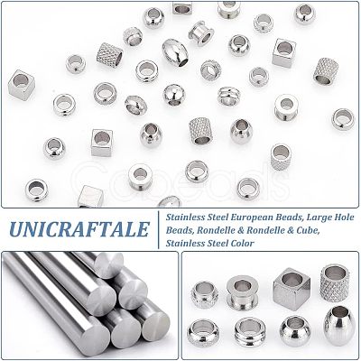 Unicraftale 48Pcs 8 Style 304 & 201 & 303 Stainless Steel European Beads STAS-UN0040-02-1