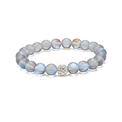 Synthetic Moonstone Round Beaded Stretch Bracelet with Rhinestone BJEW-JB07875-1