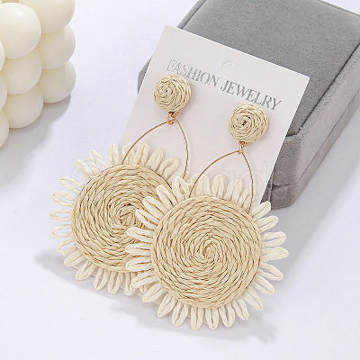 Flower Alloy & Raffia Dangle Stud Earrings FS-WGE45CE-03-1