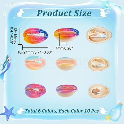 Nbeads 60Pcs 6 Colors Printed Natural Cowrie Shell Beads SSHEL-NB0001-42-1