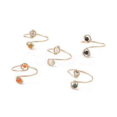 Round Natural Gemstone Braided Open Cuff Ring RJEW-JR00503-1