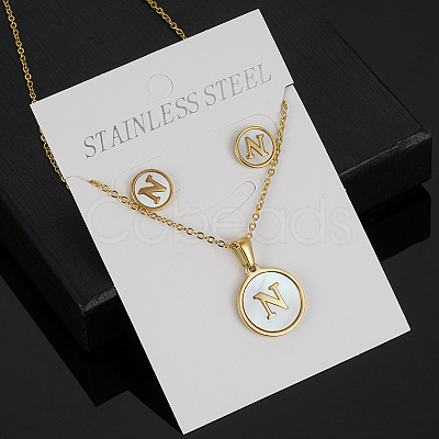 304 Stainless Steel with Natural Shell Pendant Necklaces & Stud Earrings Sets FS-WG5FD70-14-1