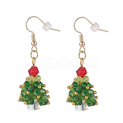 Glass Braided Beaded Christmas Tree Dangle Earrings EJEW-JE05151-02-1