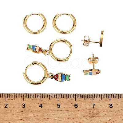 3 Pairs 304 Stainless Steel Enamel Hoop & Stud Earring Sets EJEW-Z166-01G-01-1