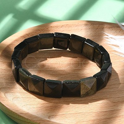 Square Natural Silver Obisdian Beads Stretch Bracelets for Women Men BJEW-C097-06P-1