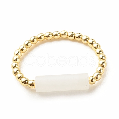 Natural White Jade Column Beaded Finger Ring with Synthetic Hematite RJEW-JR00460-02-1