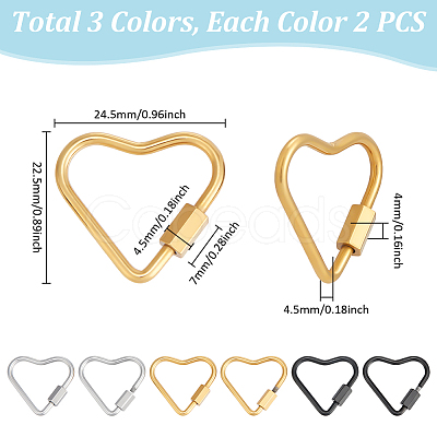 6Pcs 3 Colors 304 Stainless Steel Screw Carabiner Lock Charms STAS-UN0064-05-1