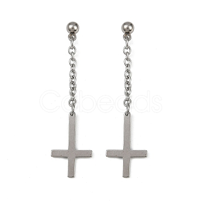 Christian Upside Down Cross 201 Stainless Steel Dangle Stud Earrings EJEW-P314-01B-P-1