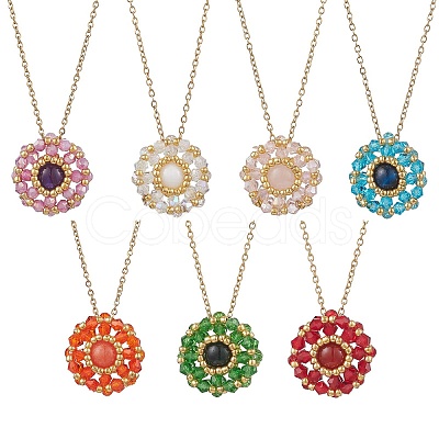 7Pcs 7 Colors Natural Carnelian & Mashan Jade & Amethyst & Tiger Eye & Rose Quartz & Glass Seed Beaded Flat Round Pendant 304 Stainless Steel Cable Chain Necklaces NJEW-MZ00129-1