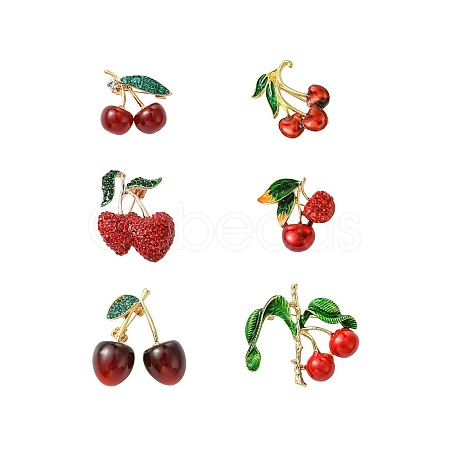 6Pcs 6 Styles 3D Resin Cherry Brooch Pin with Rhinestone JEWB-CJ0001-32-1