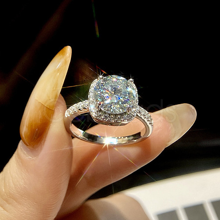 Rhodium Plated 925 Sterling Silver Pave 9.4x5.6mm Moissanite Finger Rings for Women WGE3211-18-1