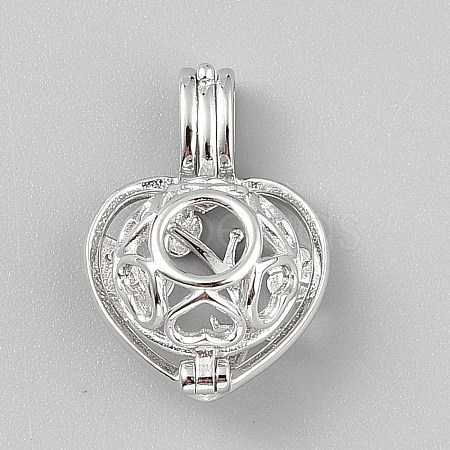 Rhodium Plated 925 Sterling Silver Heart Bead Cage Pendants STER-WH0061-53P-1