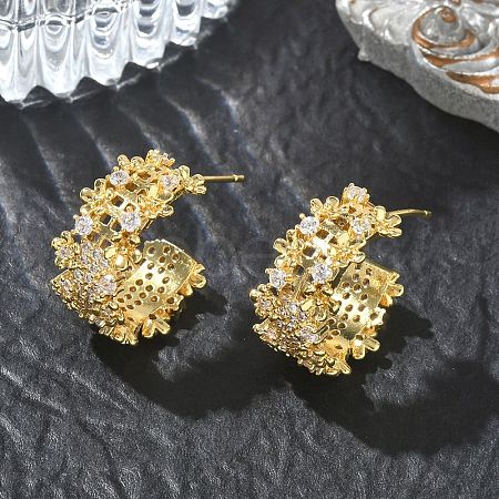 C-Shaped Brass & Clear Cubic Zirconia Stud Earrings KK-CBA36A2-02G-1