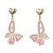 Rose Quartz Dangle Stud Earrings, with Glass Seed Beads and 304 Stainless Steel Findings, Butterfly, Pink, Golden, 56x33mm