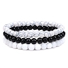 3Pcs 3 Style Natural Howlite & Black Agate & Quartz Crystal Round Beaded Stretch Bracelets Set PW23030760813-1
