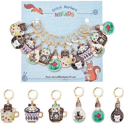 12Pcs 6 Colors Alloy Enamel Cat Charm Locking Stitch Markers HJEW-PH01531-1