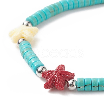 Dyed Synthetic Turquoise(Dyed) Heishi Beaded Bracelets with Dyed Synthetic Coral Starfish BJEW-JB09194-01-1