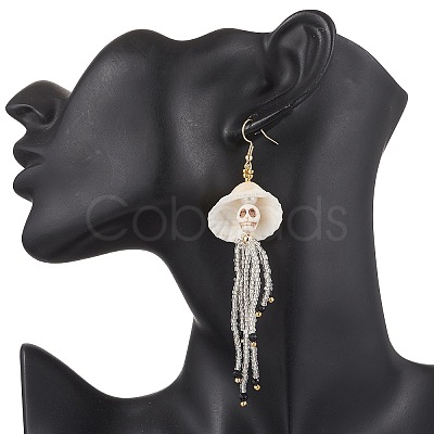 304 Stainless Steel Dyed Synthetic Turquoise & Natural Black Onyx & Glass Seed Beaded Dangle Earrings EJEW-MZ00530-02-1