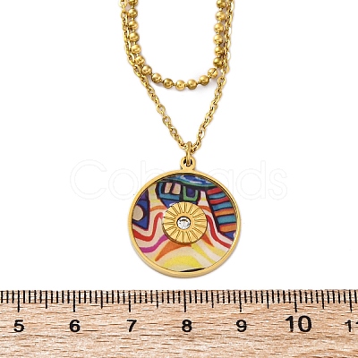 304 Stainless Steel & Plastic Colorful Flat Round Pendant Double Layer Necklaces for Women NJEW-U032-05G-1