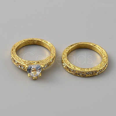 2Pcs 2 Style Cubic Zirconia Heart Finger Rings RJEW-WH0016-02G-02-1