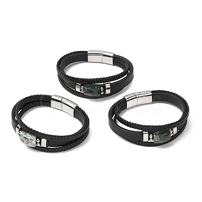 Natural Moss Agate & Braided Microfiber Leather Multi-strand Bracelets for Women Men GG-CBAEA55-01B-1
