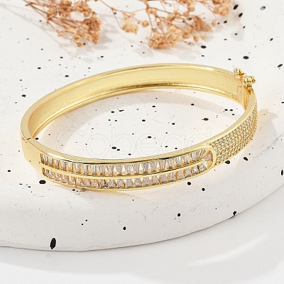 Brass Micro Pave Clear Cubic Zirconia Hinged Bangles for Women BJEW-K274-11G-1