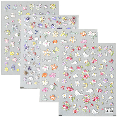 4Pcs 4 Styles Flower Pattern Self Adhesive PET Nail Art Stickers Decals MRMJ-SP0001-19-1